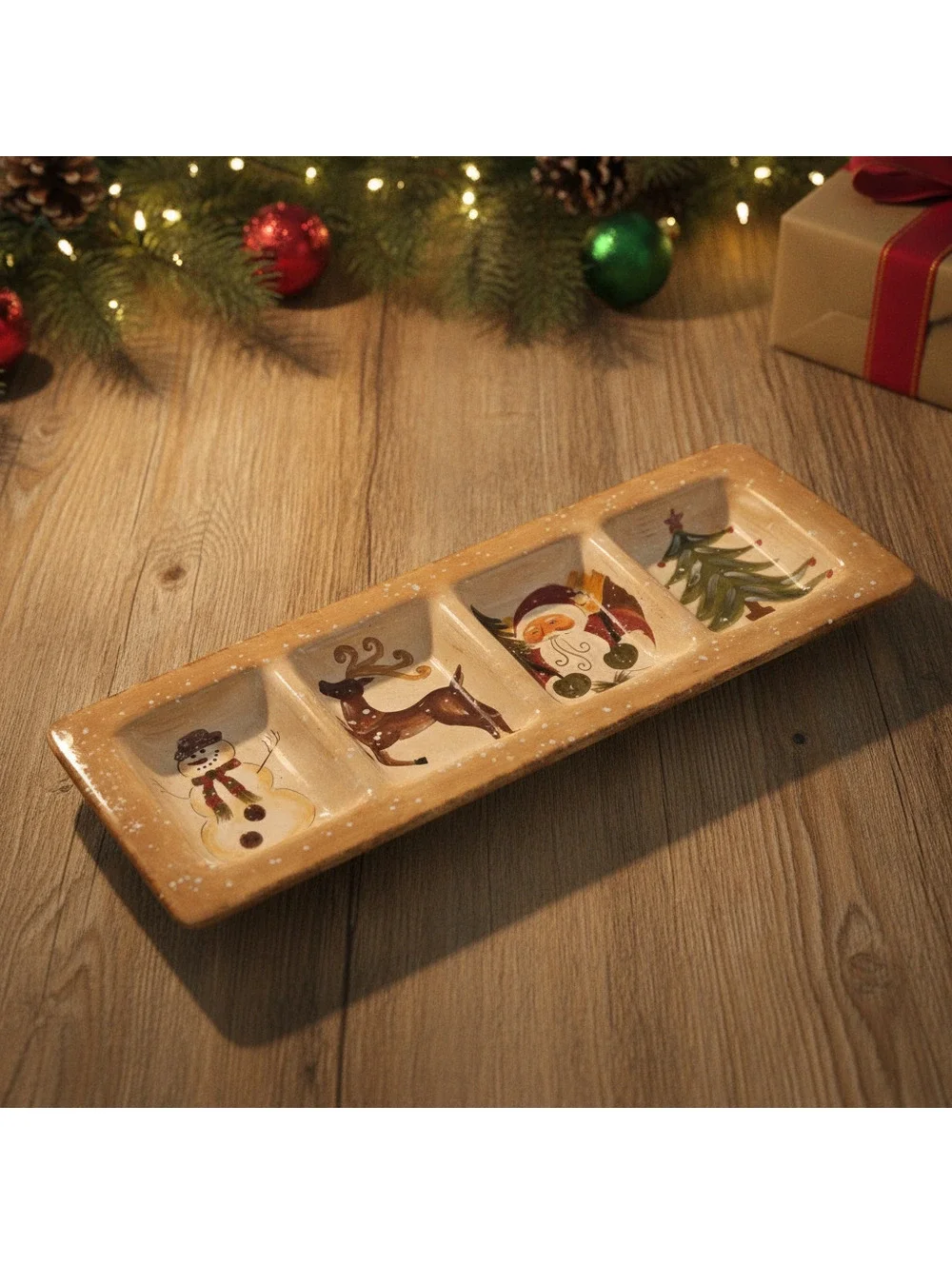 Hand-Painted Ceramic Christmas Snack Tray with Santa, Reindeer, Snowman, and Fir